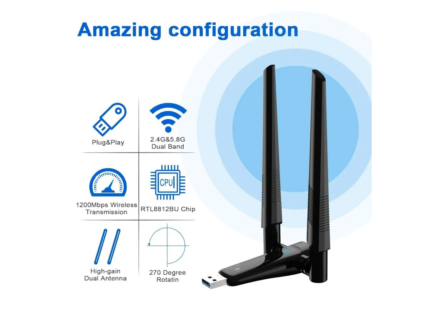 Bilişim Burada PIX-LINK AX1800 ÇİFT ANTEN USB WIRELESS WİFİ ADAPTÖR PL-9340
